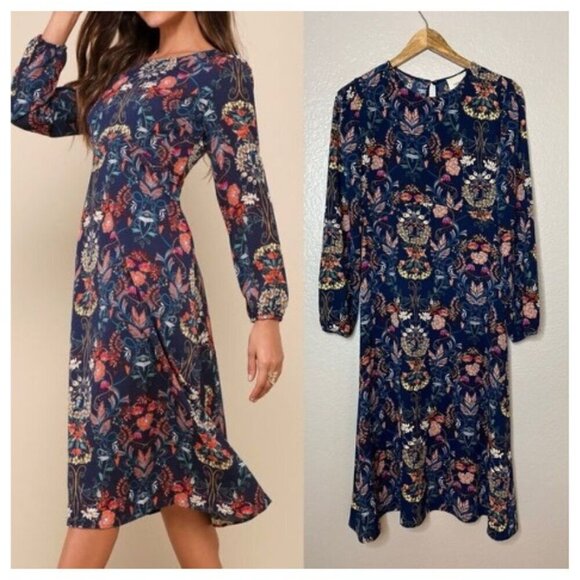 I.Madeline Garden Splendor Navy Blue Flora | Long Sleeve Midi Dress Sz: Small - Picture 9 of 16